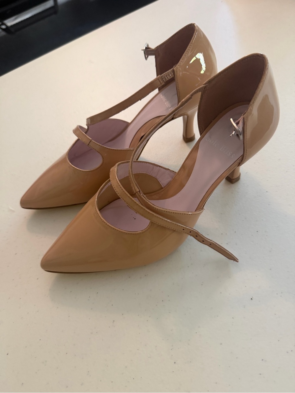 Glossy Camel Patent T-Strap Pointed Pump